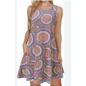Women Dress Beach Floral T-shirt Sundress Sleeveless Pockets Size M